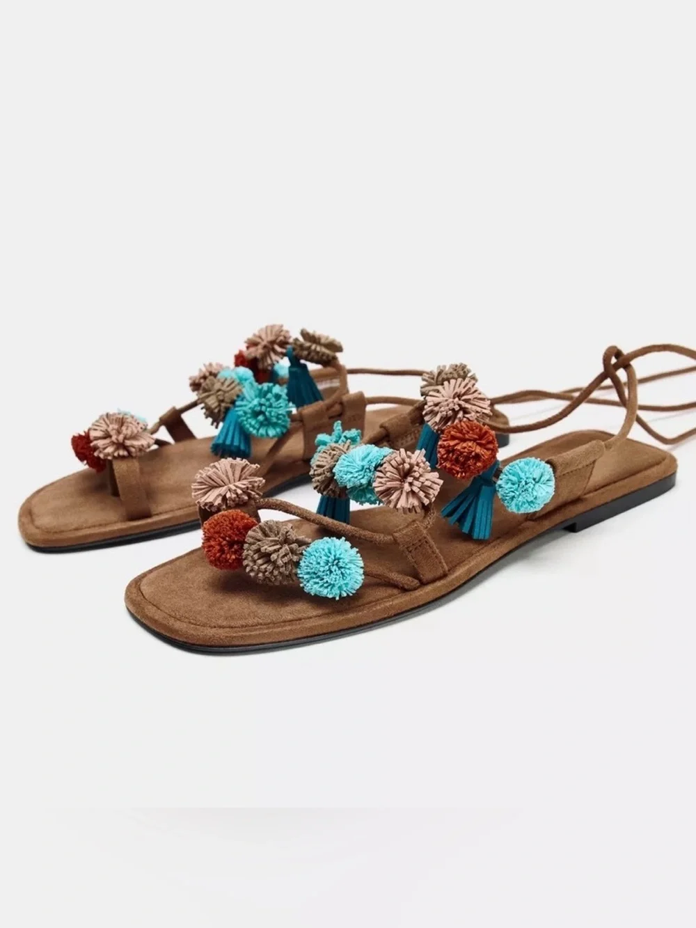 Zara Brown Pom-Pom Ankle Tie Sandals 39 - Picture 3 of 7